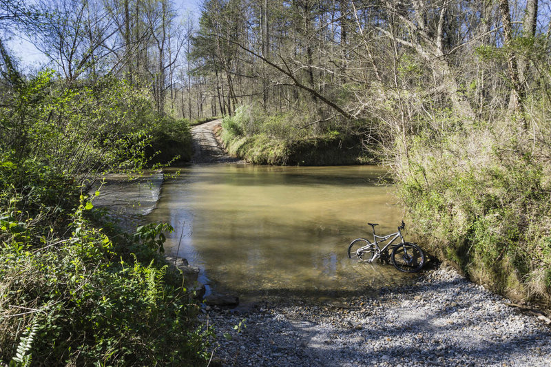 The ford over Shoal Creek is shallow enough to ride across, but you might get your knees wet if the water level is up.