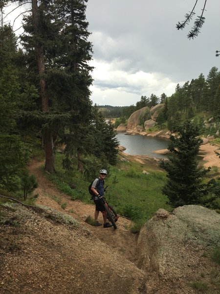 At the bottom of one of several fun technical sections spaced along the Rampart Reservoir Trail.