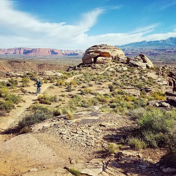 This is such a beautiful and challenging trail! Domelike rock and gorgeous views of St George in the background.