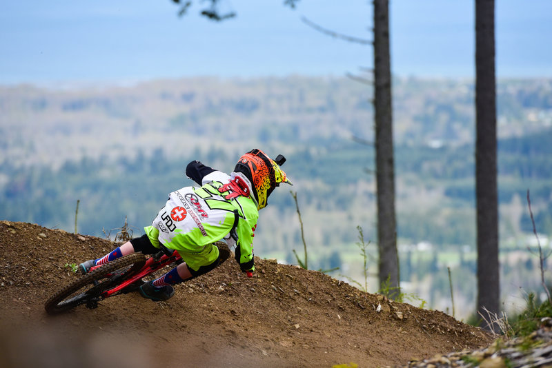 A young racer is highlighted against a surprisingly clear spring background on Muffin Top.