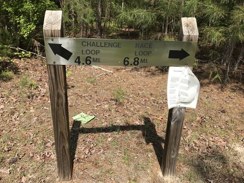 Sign is slightly misleading and distances may be off. Go right for Race Loop which will take you directly to Challenge Loop for 5 total miles. Left takes you to Challenge Loop for 3.4 total miles. Do both for Featured Ride!