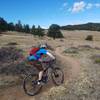 Riding the Nelson Loop in April, with just a touch of snow capping Meeker-Longs Massif in the background.