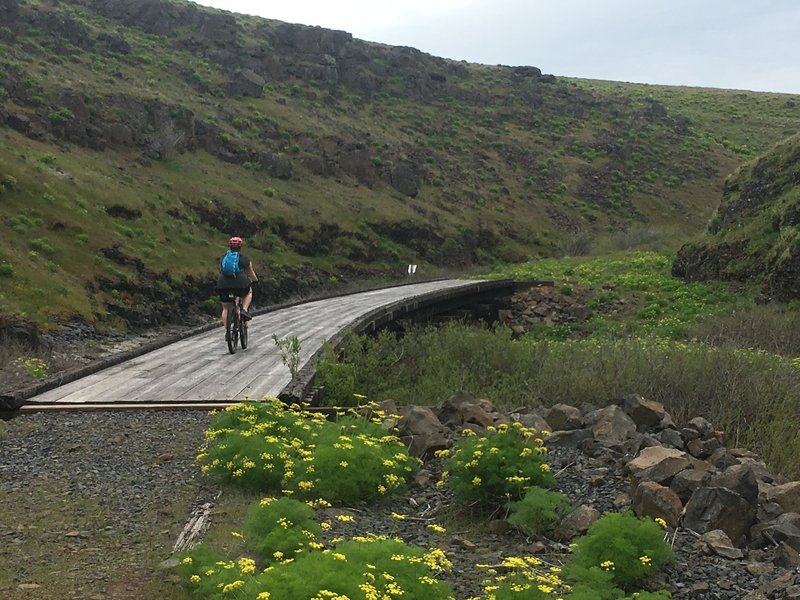 Crossing one of the old rail bridges, while exiting Swale Canyon to the south.