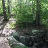 The Blue Trail continues here, just after this rocky ditch. Easy to miss if you're not careful.