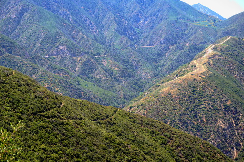 Nice views across the upper switchbacks of the Ken Burton Trail. Looking up Woodwardia/Dark Canyons, across Angel's Crest HWY, and up Dark Canyon Trail to the Plantation road and intersection of Grizzly Flats and Hoyt Mtn Rd.