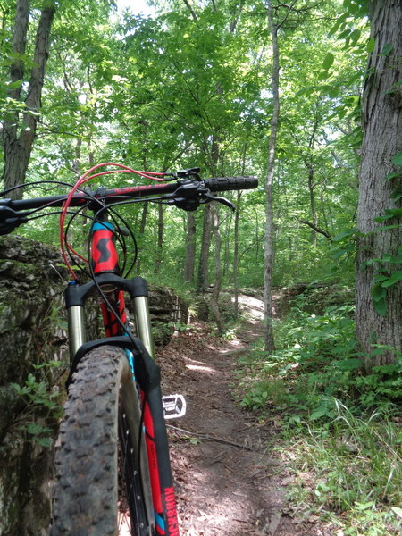 Taking a break on Tasty Goodness near a fun, natural rock wall.