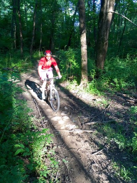 John M. crosses a rocky mud-mitigation path.