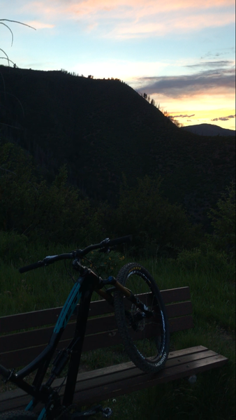 Sunset and a Yeti near the top of Red Mountain Jeanne Golay Trail.