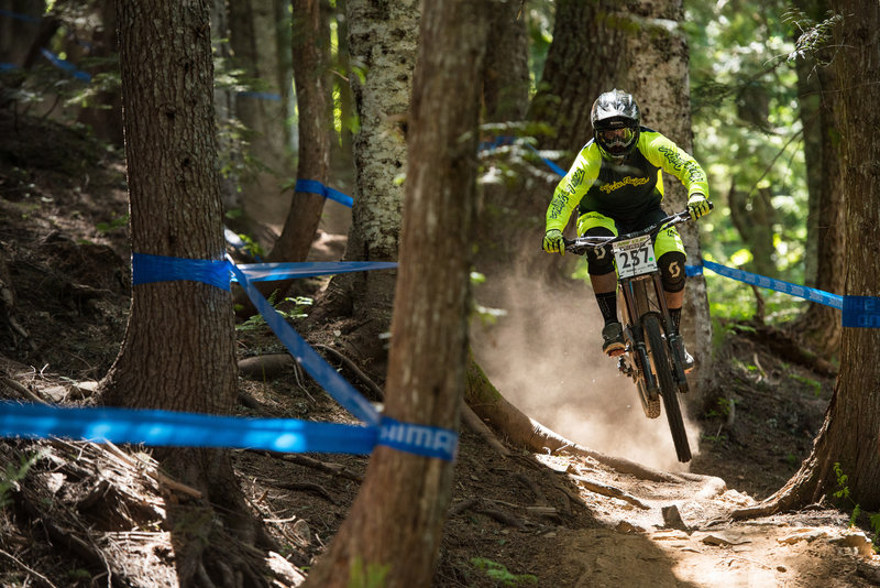 A racer pops out of the roots at the bottom of the Pro Line.