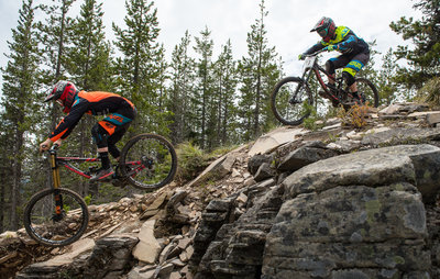 Jake Grob and Matt Orlando speed down the tech and chunk on the Ridge Trail.