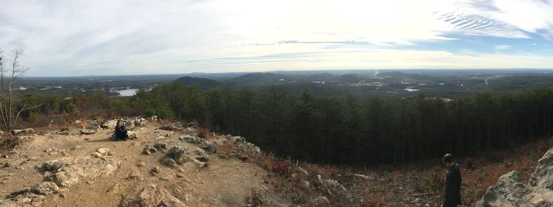 Panorama from the overlook on an overcast day. Lake Allatoona is on the left. The city of Cartersville on the right, and Kennesaw Mountain can often be seen off to the middle left.