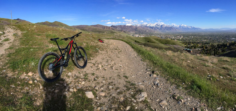 Looking East on the trail, the University of Utah straight ahead and the Rocky Mountain Range above the Salt Lake County valley.