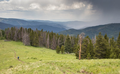Outrunning a rain shower, heading down the top portion of Game Creek from the top of Vail Mountain.  So sweet!