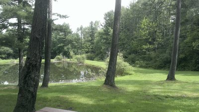 Lean-to area with water pump, shelter, picnic table, and pond.
