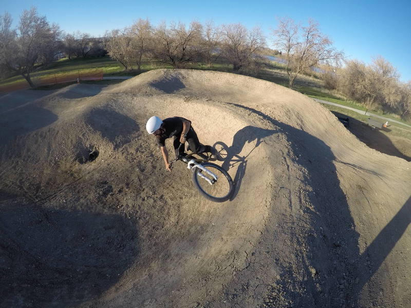 It's a pump track. It's big and beautiful as builder Shea Ferrell demonstrates.