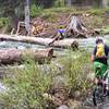 Goose Creek log bridge has washed out, pic as of June 18, 2017. Passable but precarious new log. Wear flats.