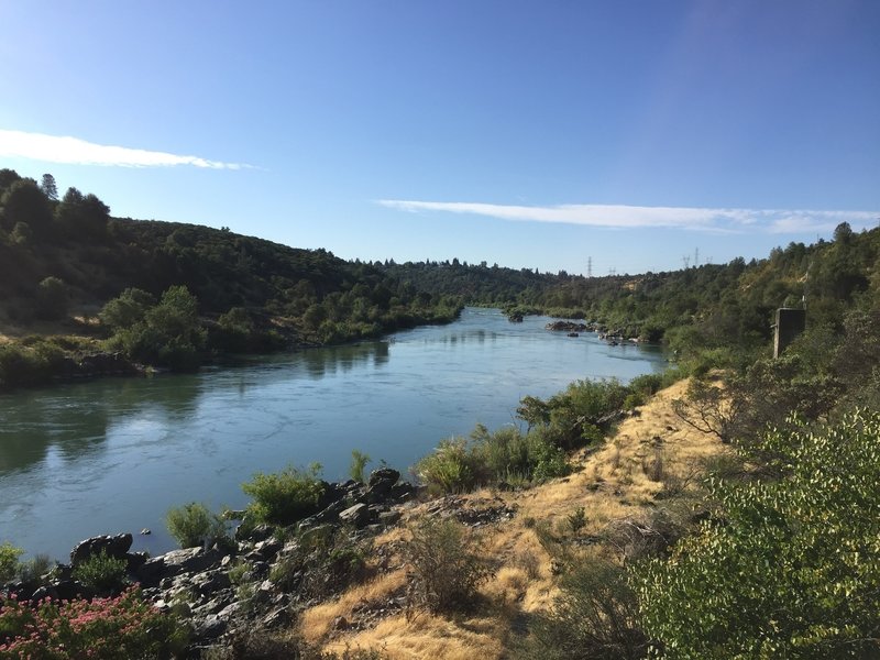 Looking down river below the dam on the paved side.