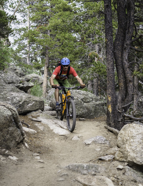 Negotiating some of the perfect rock features found throughout the Mule Deer Trail.