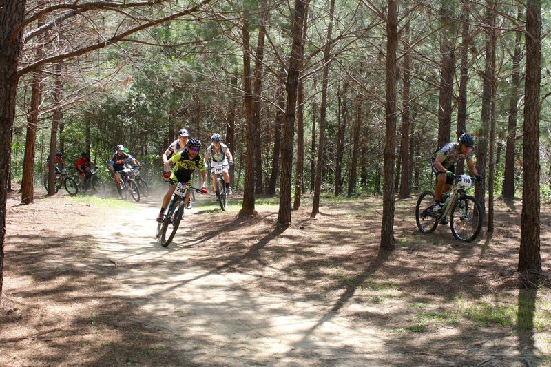 this is just after the the first right turn on the Mount Zion Trail during a 2016 race. The racer to the right is NOT on a prefered line. It was hit the tree, or dodge to the left of it - which led to this ride in the woods.