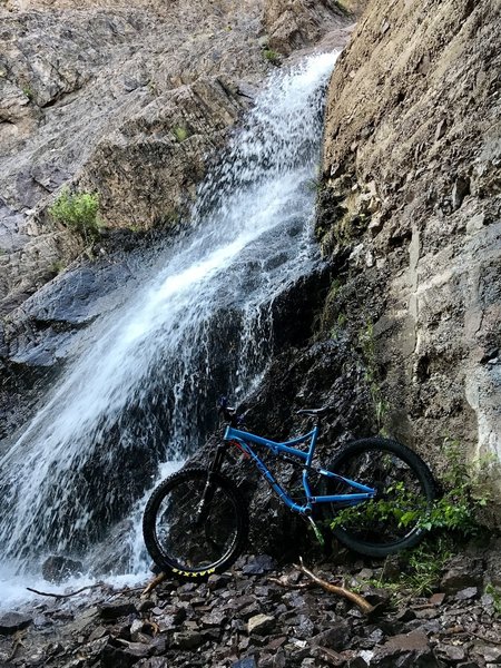 In the box, next to the waterfall.