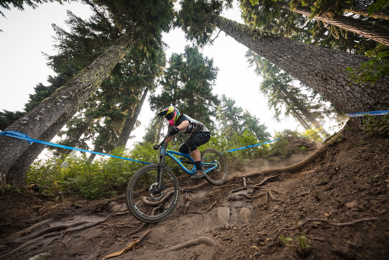 Bryn Bassett heads down the rooty "waterfall" on Berserker.