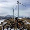 February on top of Pillar Mountain looking southwest toward the wind generators. A pretty light snow year.