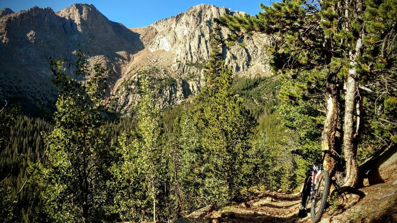 The Pike's Massif dominates a thousand feet overhead, filling one's entire field of view along Elk Park Trail.