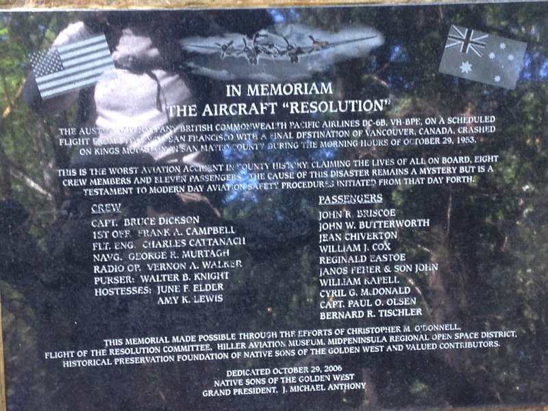 Memorial Plaque. The aircraft DC-6 was flying the Honolulu – San Francisco leg and crashed around here in October 1953. All 19 people on board were killed.