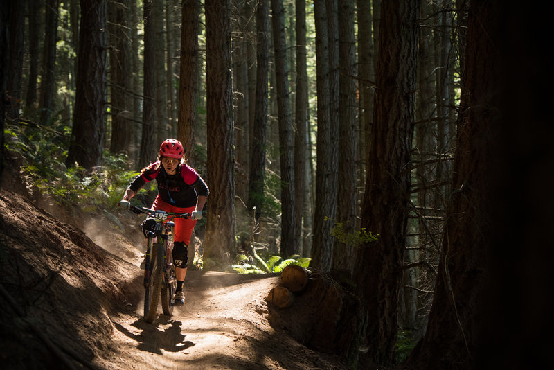 Valerie Salladay powers out of an akward switchback on Two Dollar during the Cascadia Dirt Cup.