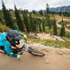 A rider makes his way down the slightly rocky berms on Rock Crusher.