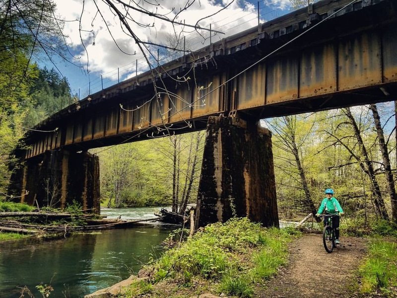 rustic railroad, river, rider