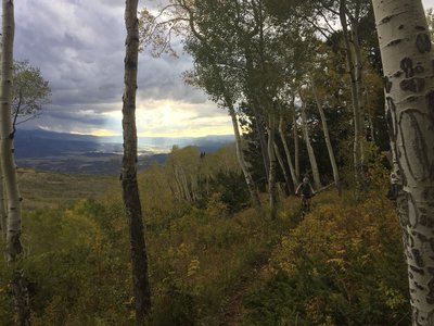 Riding through aspens as a massive thunderstorm approaches.