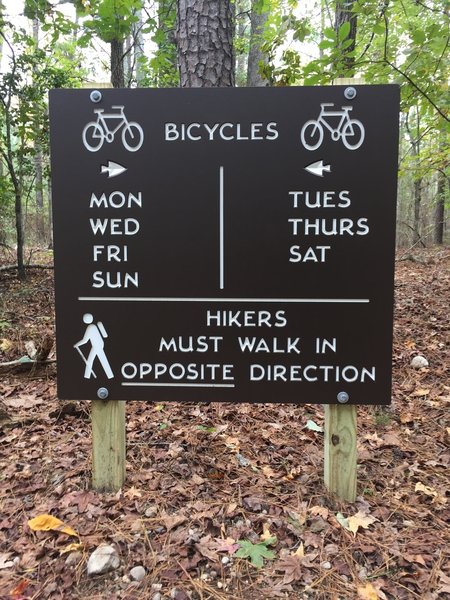 Sign shows which direction to ride or hike depending on the day of the week.