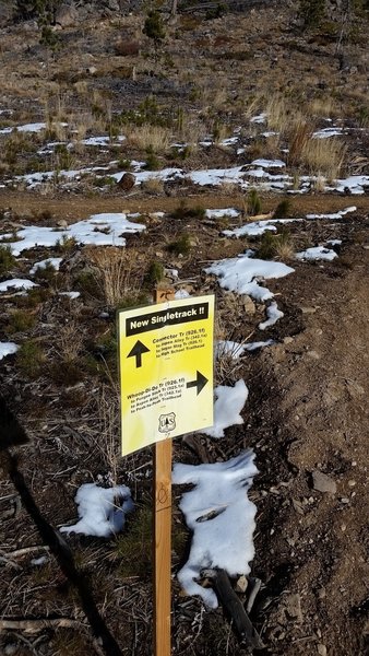 New singletrack sign highlights trail improvements and important re-routes.