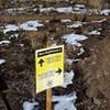 New singletrack sign highlights trail improvements and important re-routes.