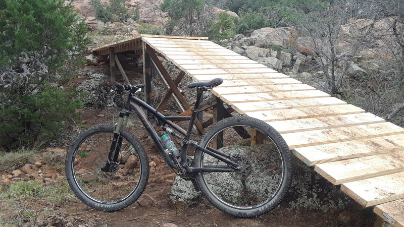 A bridge built on the new line "Jaws" for the Texas Cup Enduro Race. Bridge and new lines built by Sustainable Trail Solutions