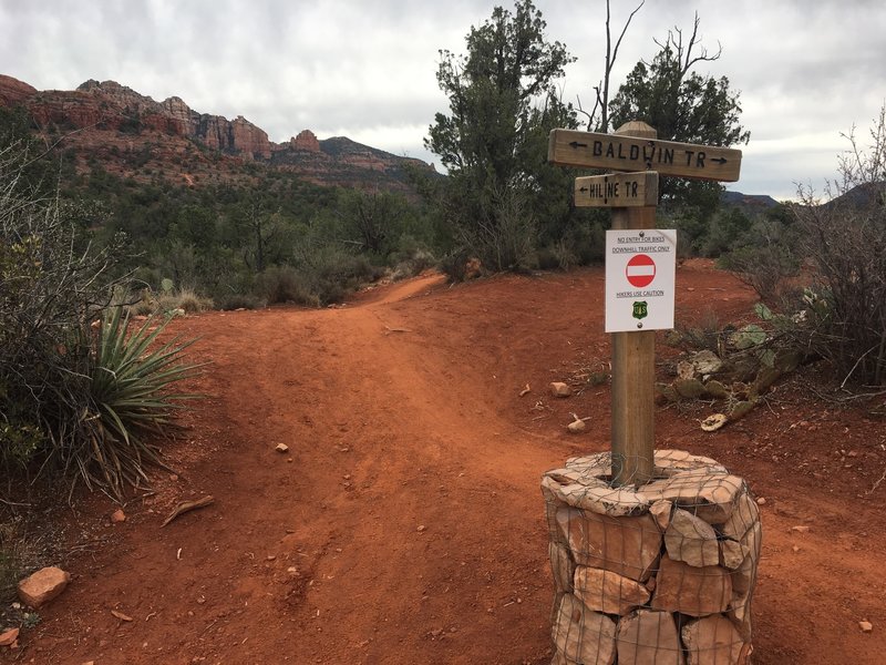 "NO ENTRY FOR BIKES. DOWNHILL TRAFFIC ONLY. HIKERS USE CAUTION". Just posting in case somebody is researching Hiline options.