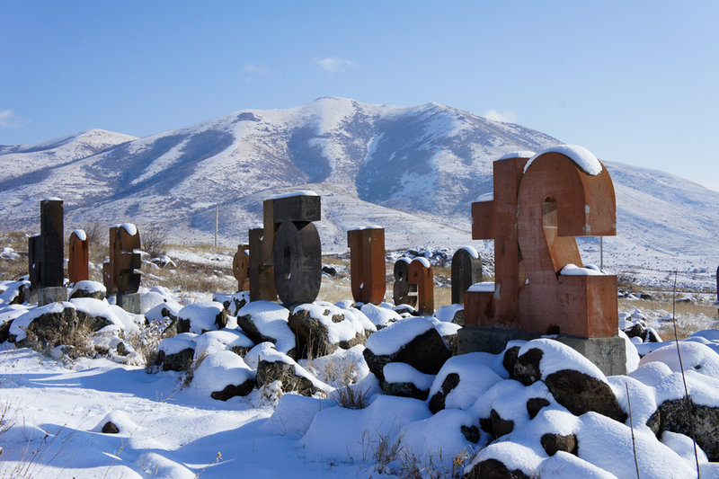Monument to Armenian alphabet near Artashavan village.