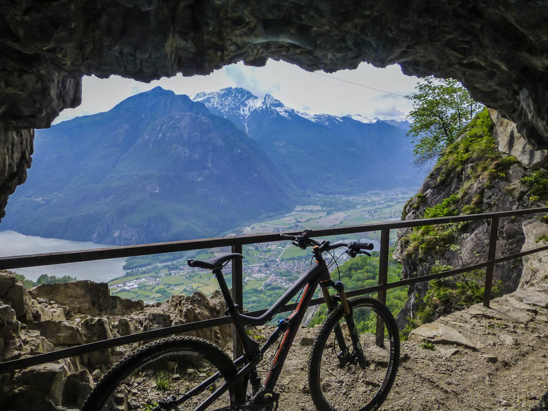 Lago di Mezzola seen from on the galleries on the Tracciolino