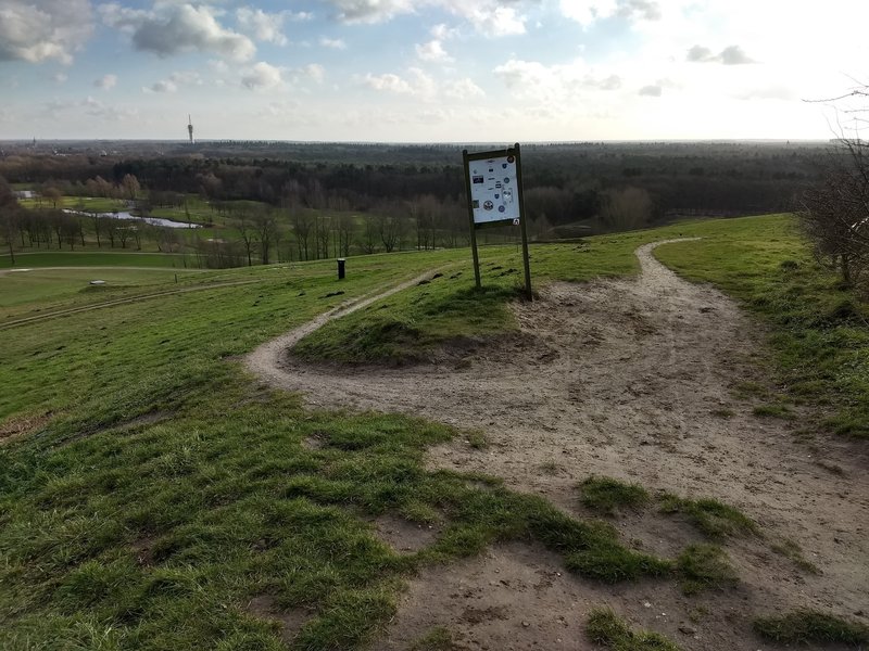 Dak van Brabant. On top of the hill, highest point of the province Brabant. You see the track up (left) and down (right). On the skyline, you see the television tower of Mierlo.