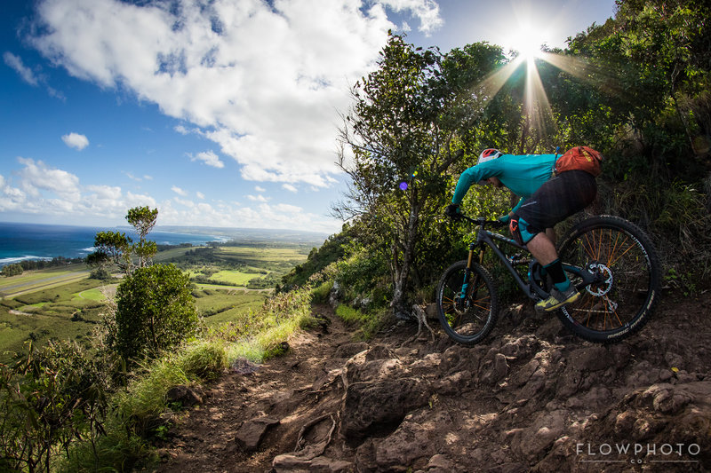 Max Fierek taking full charge on the jagged gnar the Kealia Trail demands