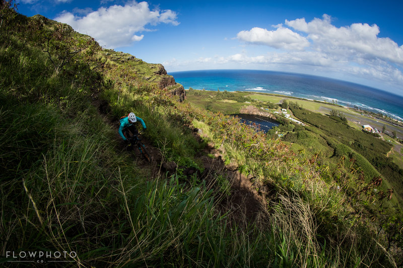 The trail meanders on a steep steep side slope overlooking the gorgeous turquoise Pacific Ocean.