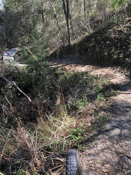 Beginning of a double wooden s curve bridge feature