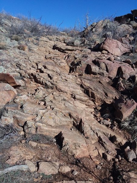 Steep rocky drop! This is not the rock garden at the NE end of the loop.