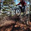 Drop to flat - Lynn's signature move. Joe riding Bow Ridge Trail