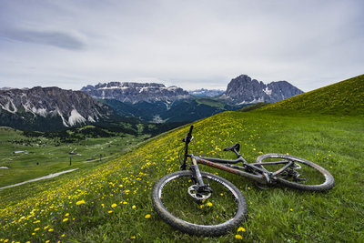 The Sella (center) and Langkofel (left) Massifs from the top of the Seceda lift
