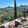 View of one of the Sisters Lakes and Box Lake from switchbacks