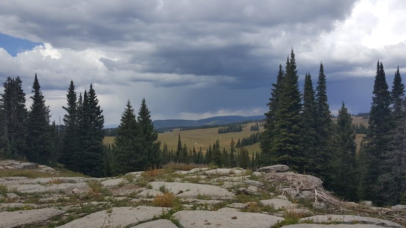 Looking back at the road and storm.