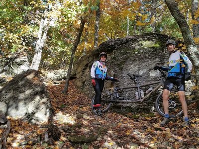 Scenic rock faces provide enjoyable views. (Don't let the tandem fool ya. The trail is challenging on any bike.)