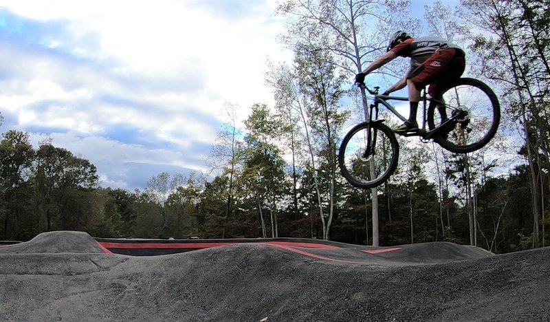 Doubling up one of the rollers at the new Velosolutions pump track at George Poston Park.